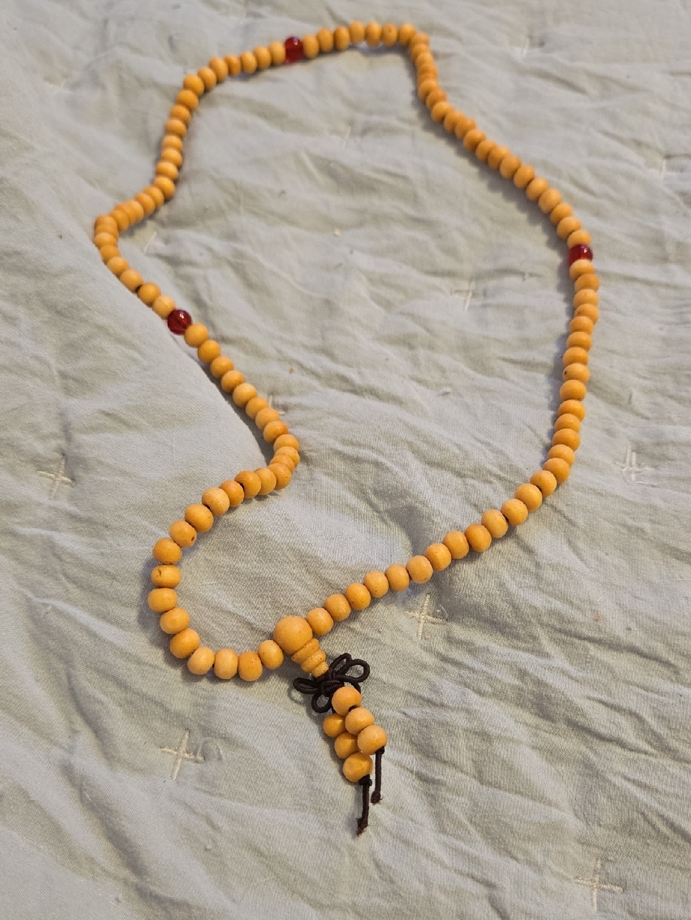 Yellow Wood Bead Necklace with Red Accent Beads